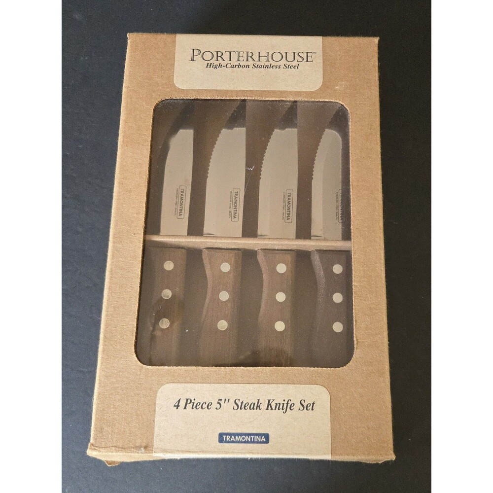 Tramontina Stainless Steel 4 Piece 5" Steak Knife Set Wood Handles New Open Box